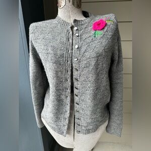 Vintage Gray Women's Sweater with Pink Floral Accent